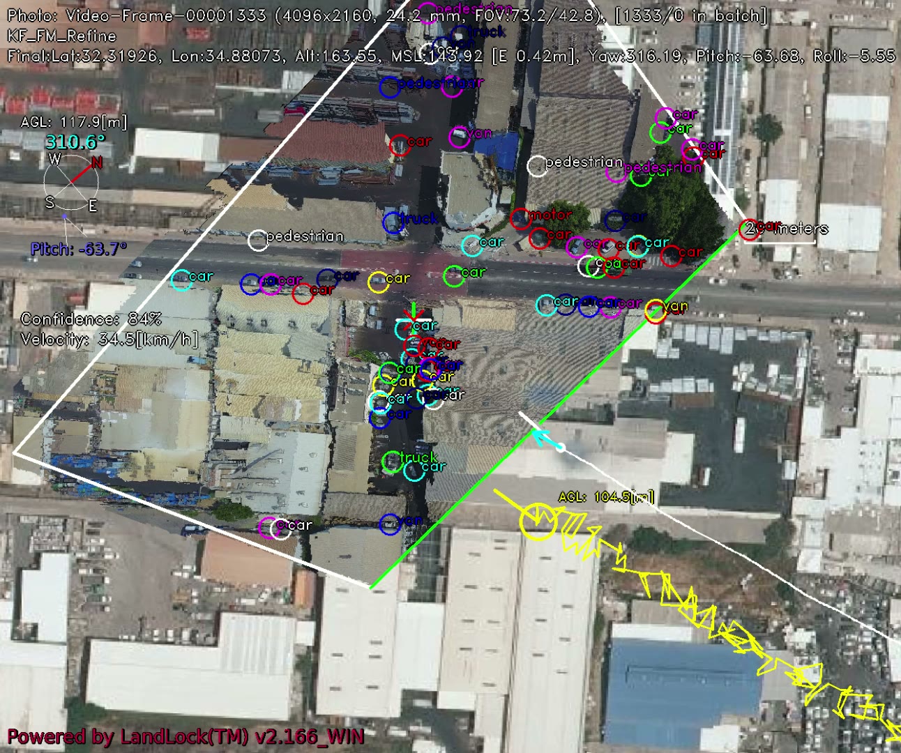 Live drone video frame registered onto a satellite map, with every detected car, truck, van and pedestrian tagged at its map position