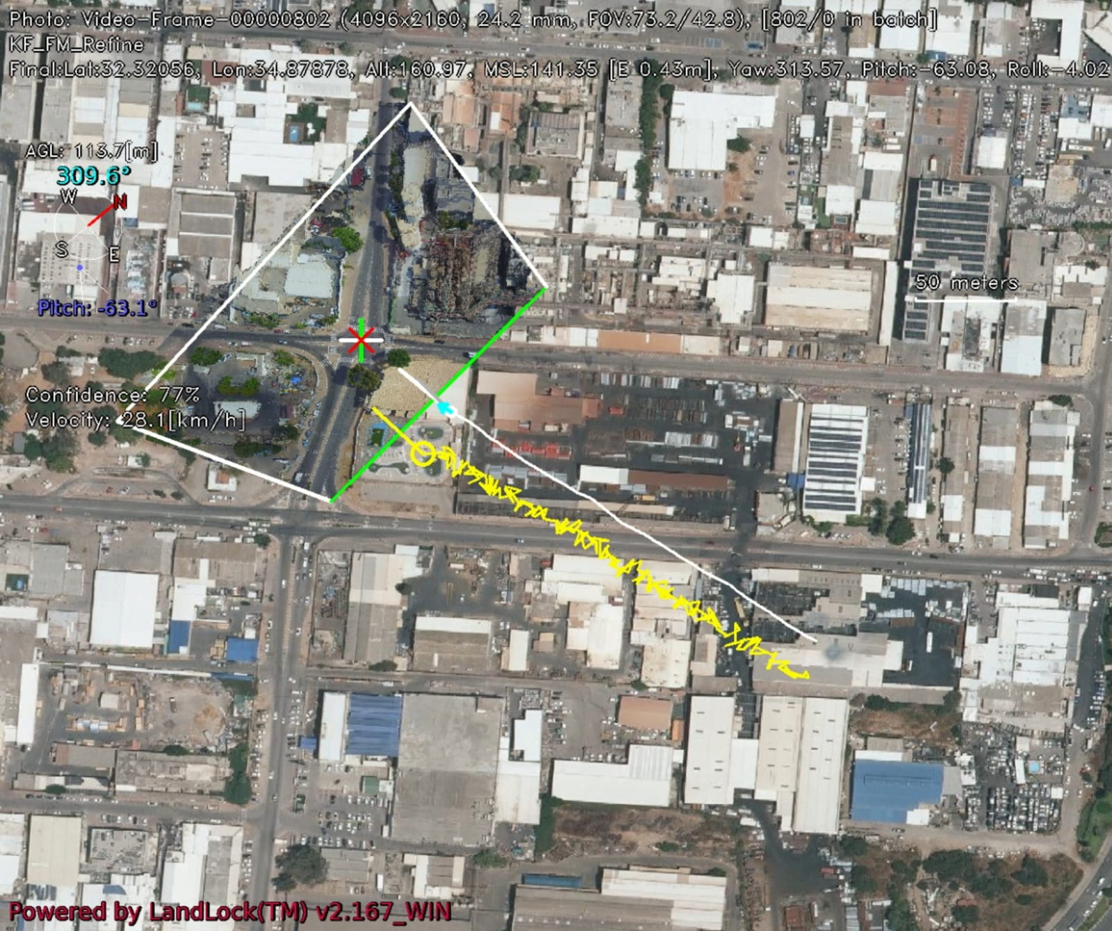 Camera footprint and flight track drawn on a satellite map, with detected objects placed at their map positions